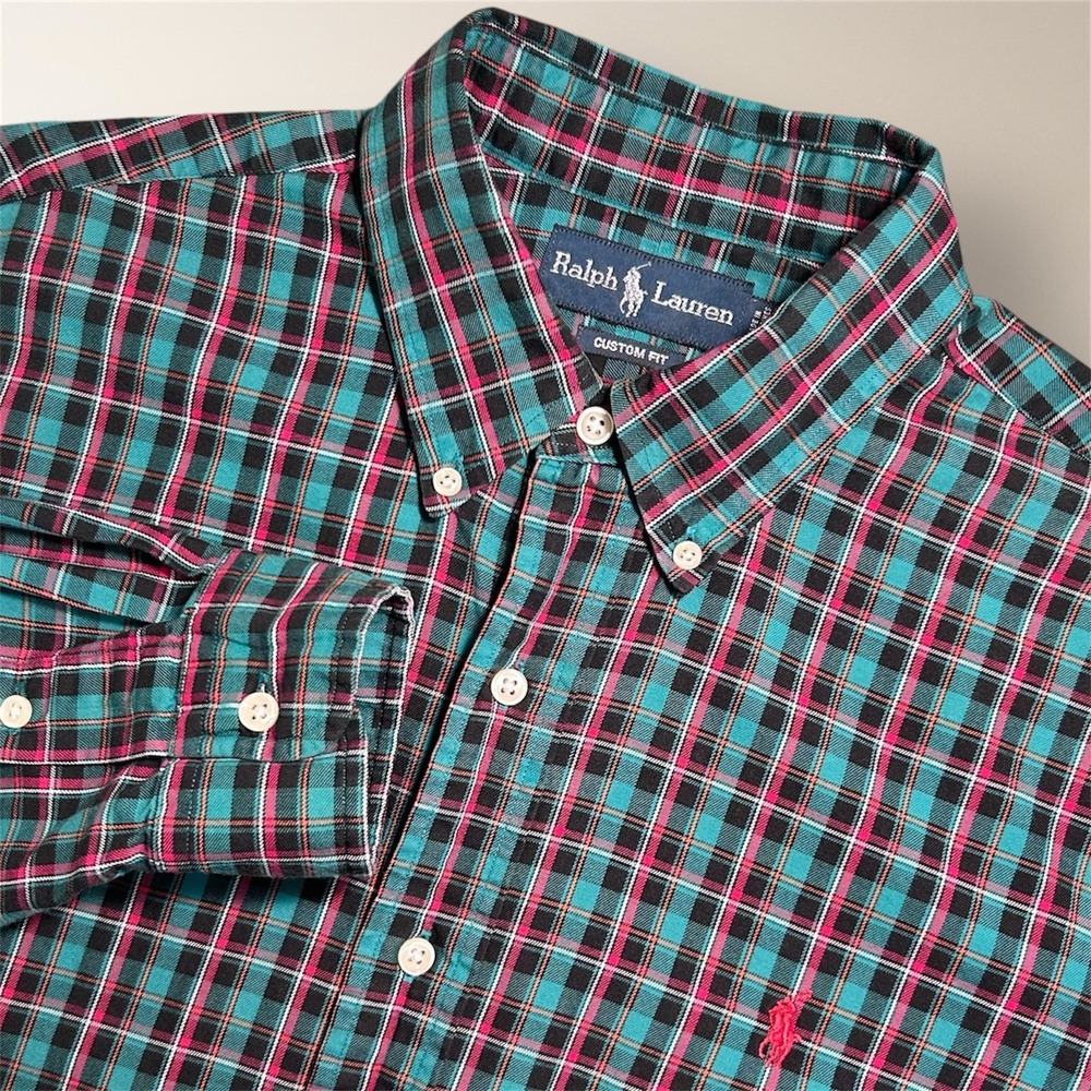 Ralph Lauren Mens L Custom Fit Plaid Button Down Shirt Teal Red‎ Black Preppy